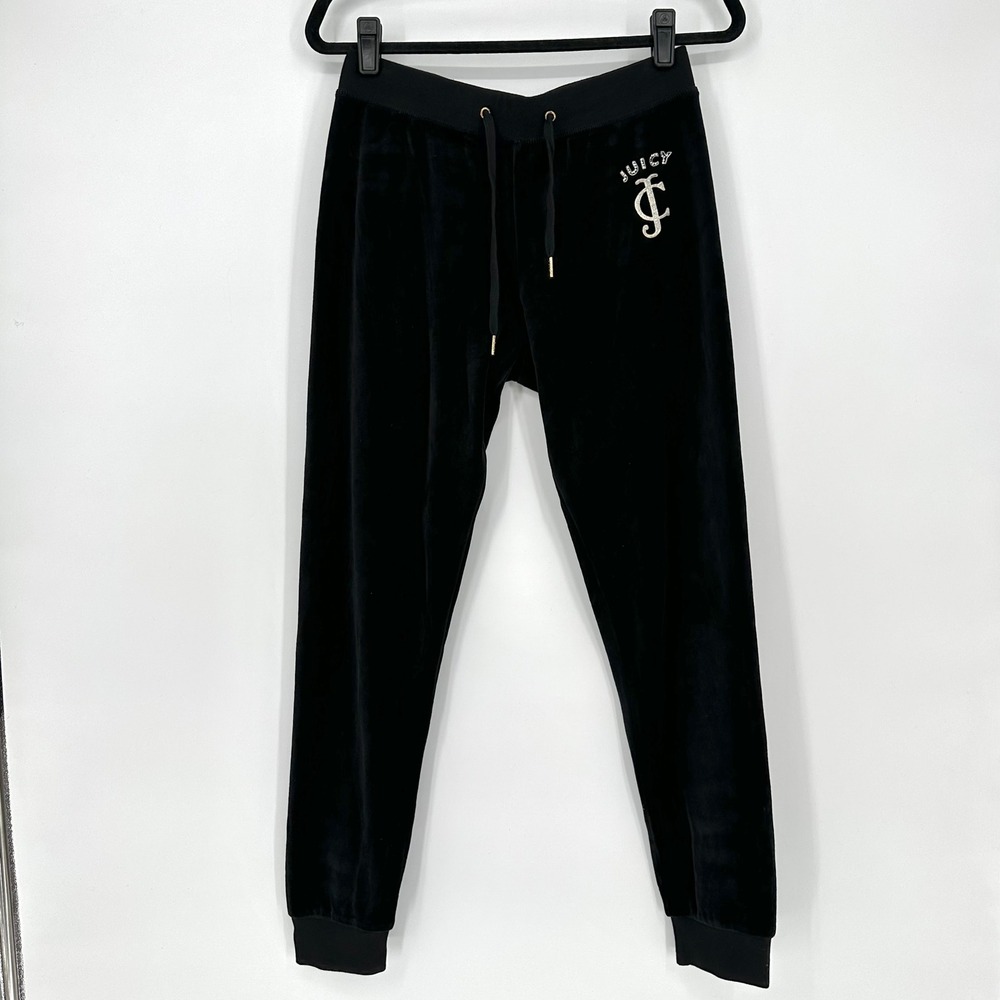 Y2K Juicy Couture Black Velvet Cuff Ankle Pants Casual Back Pockets Rhinestone L